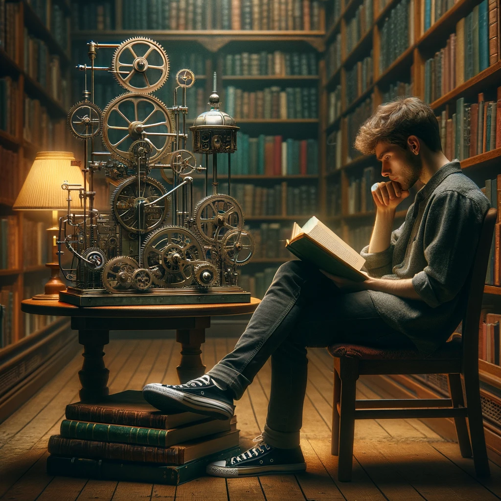 A person reading a book in a library. In front of them is a mechanical apperatus