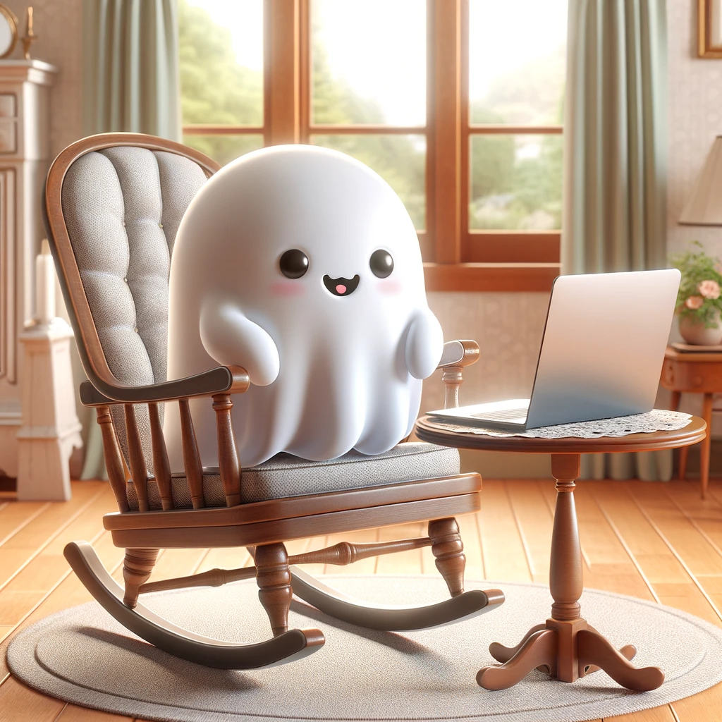 A ghost sitting in front of a laptop